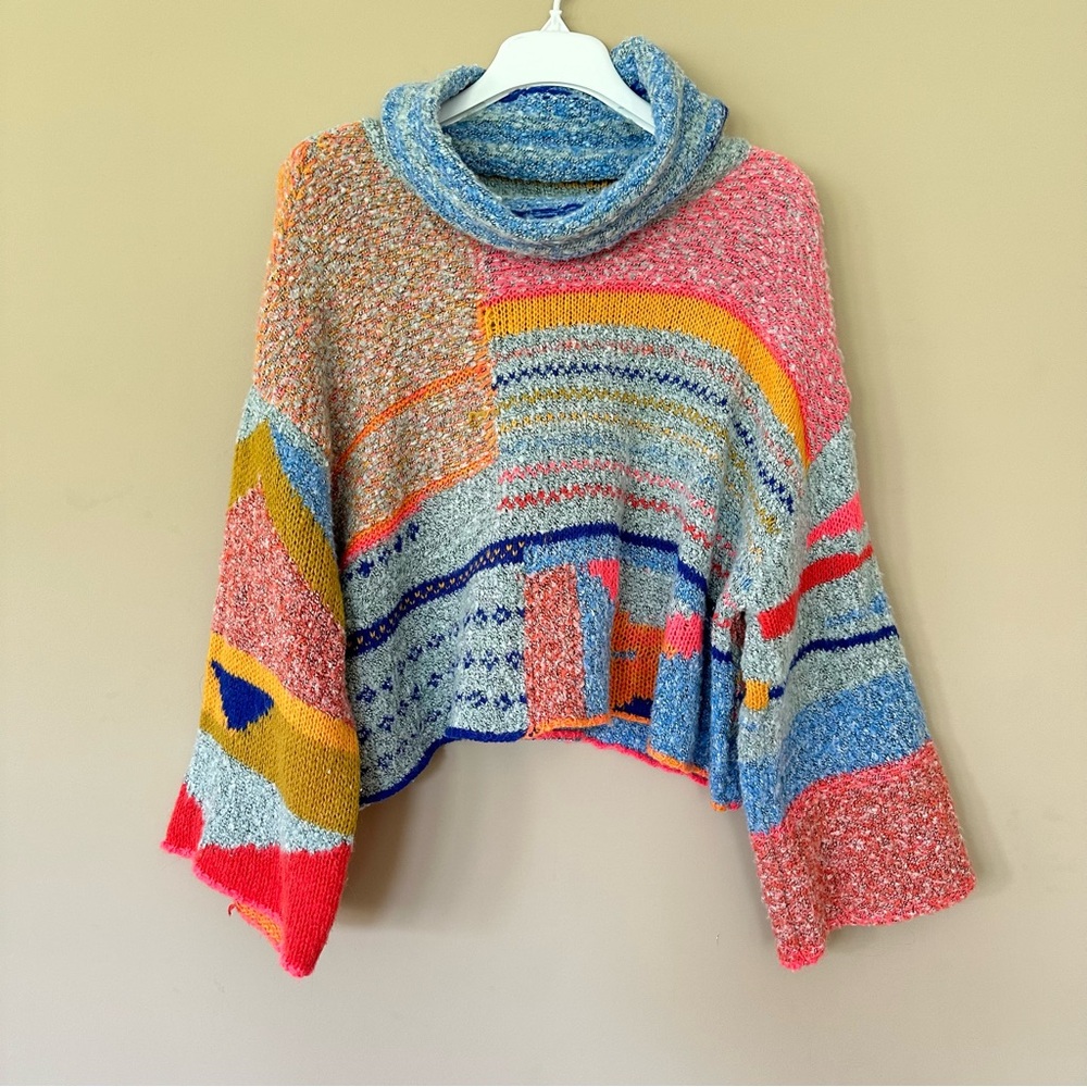SOLD Sincerely Jules Large Boho Oversized Sweater Cropped Bright Patchwork Inspi - Picture 3 of 10